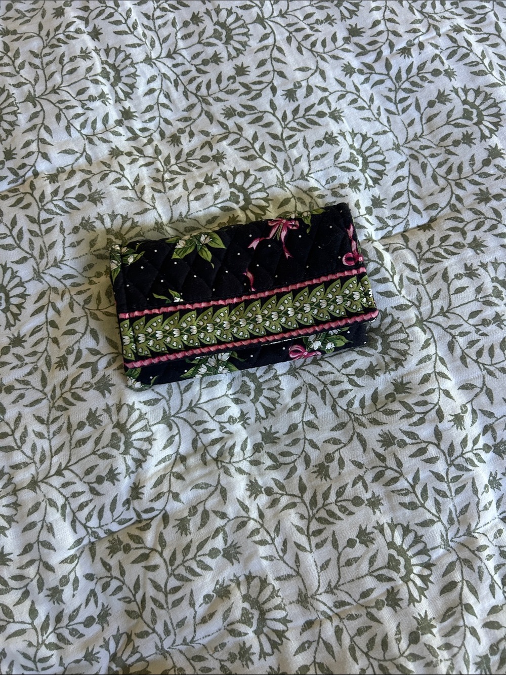 Vera Bradley Quilted Fold-Over Wallet in Black, Green & Pink